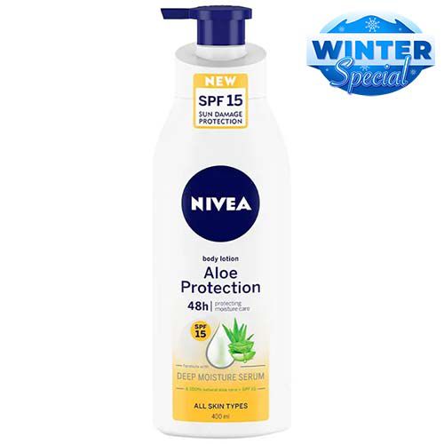 Nivea Aloe Protection SPF 15 Sun Damage Protection Body Lotion - All Skin Types, With Deep Moisture Serum & 100% Natural Aloe Vera, 400 ml  