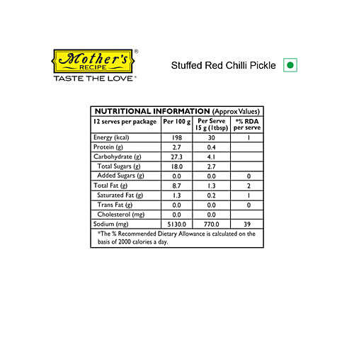 Mother's Recipe Pickle - Red Stuffed Chilli, 200 g Pouch Zero Trans Fat