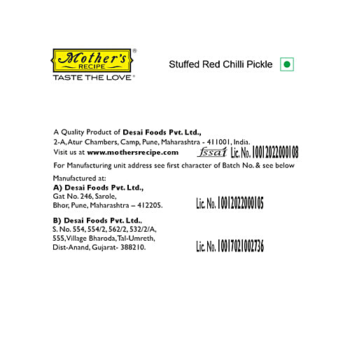 Mother's Recipe Pickle - Red Stuffed Chilli, 200 g Pouch Zero Trans Fat