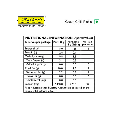 Mother's Recipe Pickle - Green Chilli, 200 g Pouch Zero Trans Fat