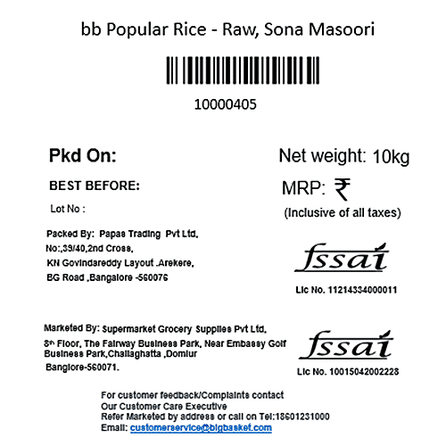bb Popular Rice/Akki - Raw, Sona Masoori, 10 kg (6 - 11 Months Old) 