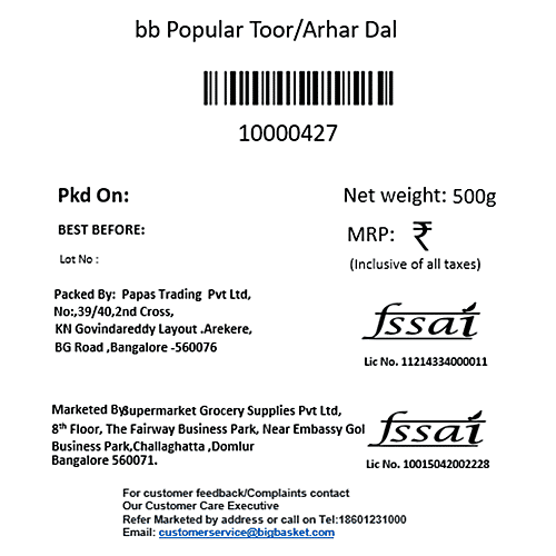 bb Popular Toor/Arhar Dal, 500 g Pouch 