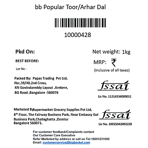 bb Popular Toor/Arhar Dal, 1 kg Pouch 