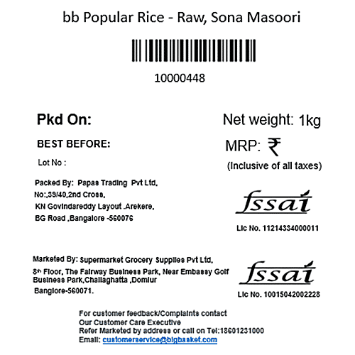 bb Popular Rice/Akki - Raw, Sona Masoori, 1 kg (6 - 11 Months Old) 