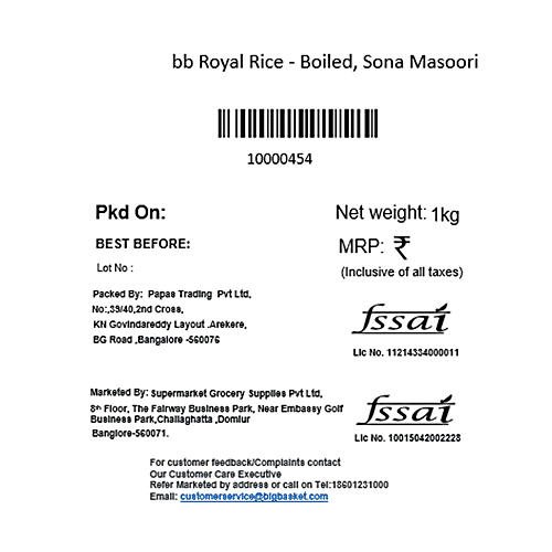 bb Royal Rice - Boiled, Sona Masoori, 1 kg Pouch 