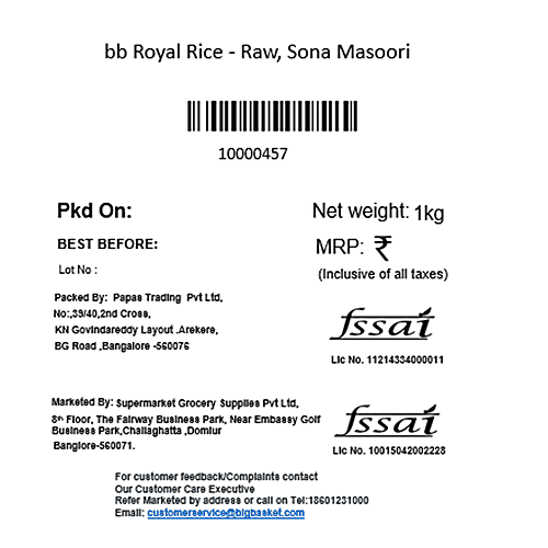 bb Royal Rice/Chawal/Chall - Raw, Sona Masoori, 1 kg (12 - 17 Months Old) 