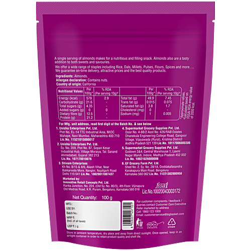 bb Royal California Almonds - Premium, Protein Packed, 100 g Zipper Pouch Rich in Vitamin E