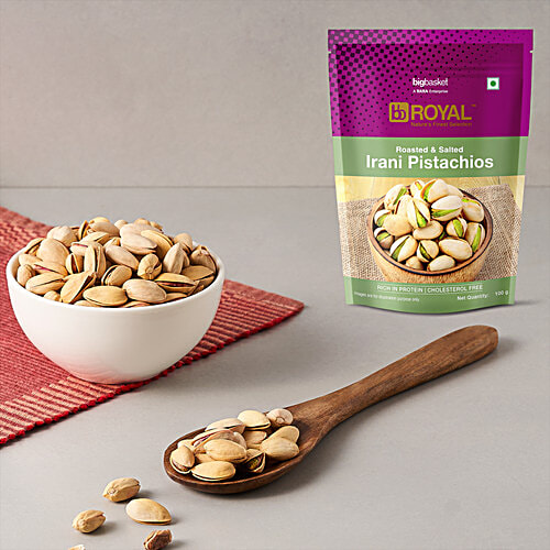 bb Royal Pista Roasted & Salted/Pista Bhajke ani Khare, 100 g Standy Ziplock Pouch Rich in Fiber & Protein