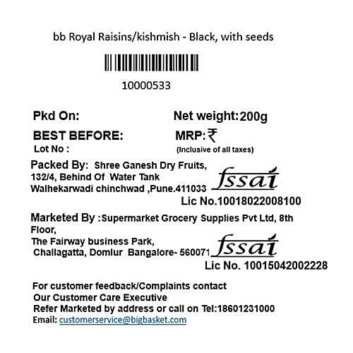 bb Royal Black Raisins/Kishmish With Seeds, 200 g Pouch 