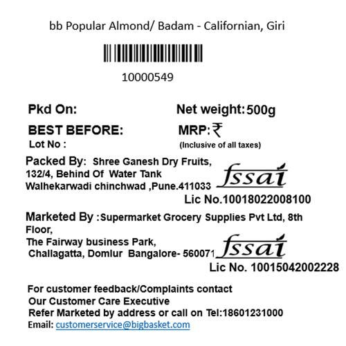BB Popular Almond/Badam - Californian, Giri, 500 g Pouch 