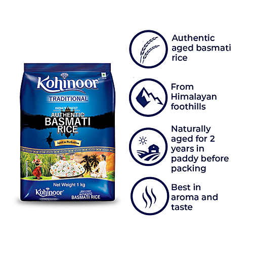 Kohinoor Basmati Rice/Basmati Akki - Traditional, Authentic, Aged, 1 kg Pouch Aged To Perfection