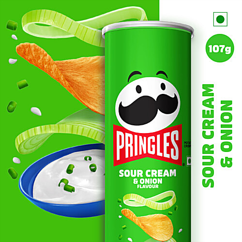 Pringles Potato Chips Sour Cream & Onion Flavour, 107 g No Artificial Colours, Crunchy & Crispy