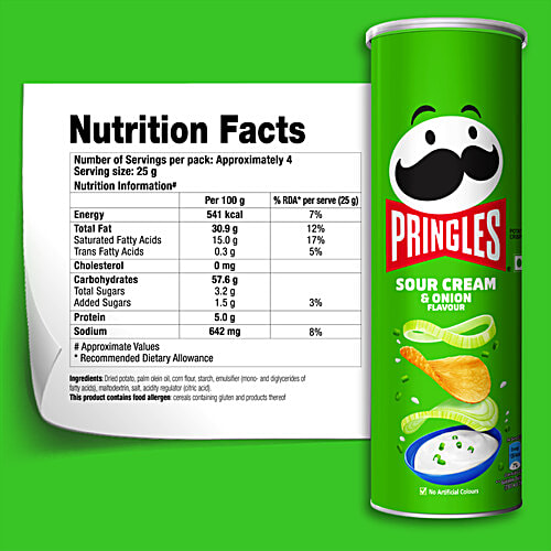 Pringles Potato Chips Sour Cream & Onion Flavour, 107 g No Artificial Colours, Crunchy & Crispy