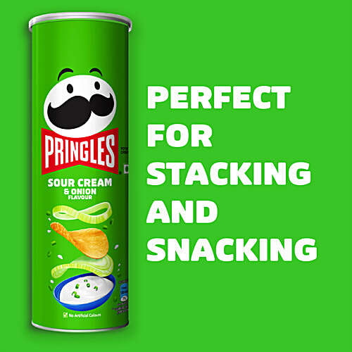 Pringles Potato Chips Sour Cream & Onion Flavour, 107 g No Artificial Colours, Crunchy & Crispy