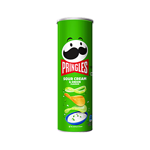 Pringles Potato Chips Sour Cream & Onion Flavour, 107 g No Artificial Colours, Crunchy & Crispy