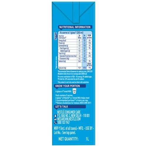 Nestle A+ Toned Milk - Natural Source Of Calcium & Protein, 1 L Carton Fortified with Vitamins A & D