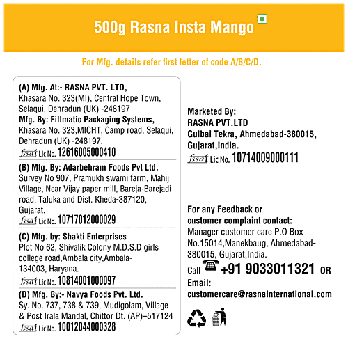 Rasna Insta Mango, 500 g Pouch 