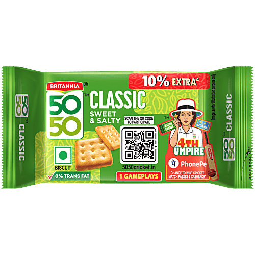 Britannia 50-50 Classic Sweet & Salty Biscuits, 28.4 g  Zero Cholesterol, Zero Trans Fat