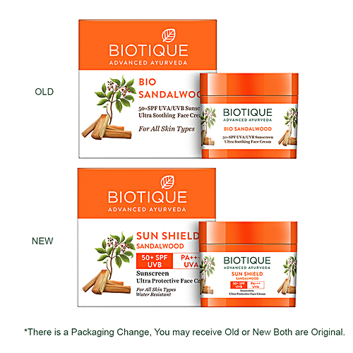 BIOTIQUE Sunscreen Ultra Protective Cream - Sun Shield, Sandalwood, 50+ SPF UVB, For Normal To Oil Skin, 50 g Carton 100% Botanical Extracts