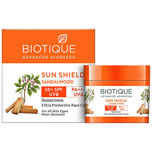 BIOTIQUE Sunscreen Ultra Protective Cream - Sun Shield, Sandalwood, 50+ SPF UVB, For Normal To Oil Skin, 50 g Carton 100% Botanical Extracts