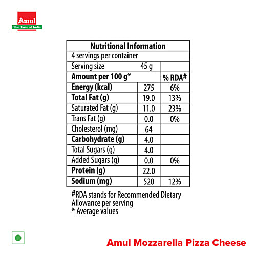 Amul Mozzarella Pizza Cheese Block, 200 g Pouch Zero Added Sugar