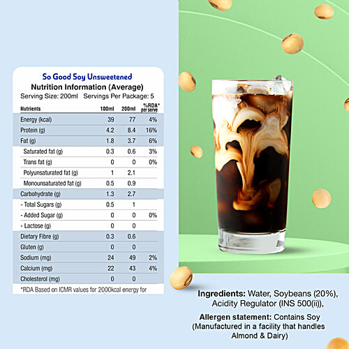 So Good Plant-Based Soy Beverage - Unsweetened, No Added Sugar, 200 ml  Rich In Calcium, Dairy Free, No Preservatives, Gluten & Lactose Free