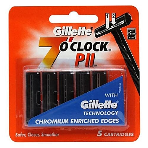 Gillette 7 O Clock Cartridges - P II With Chromium Enriched Edges, 5 pcs Pouch 