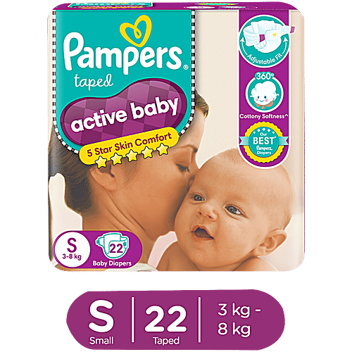 Pampers Active Baby Taped Diapers - Soft, Up To 12 Hours Absorption, 5 Star Skin Comfort, Small, 22 pcs