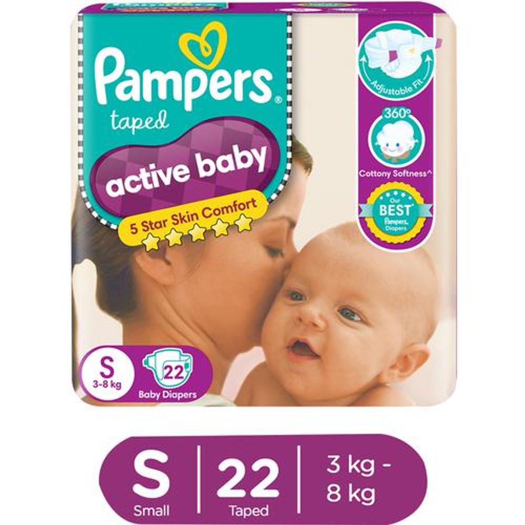 Pampers  Active Baby Taped Diapers - Soft, Up To 12 Hours Absorption, 5 Star Skin Comfort, Small, 22 pcs 
