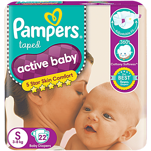 Pampers Active Baby Taped Diapers - Soft, Up To 12 Hours Absorption, 5 Star Skin Comfort, Small, 22 pcs