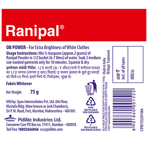 Buy Ranipal Fabric Whitener With Ob Power 80 Gm Online at the Best
