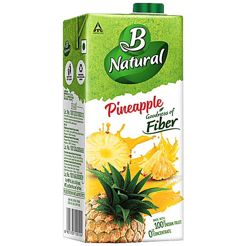 B Natural Pineapple Juice - Rich In Fibre, Vitamin C & E, Fruit Pulp & 0% Concentrate, 1 L Carton Zero Fat