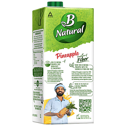 B Natural Pineapple Juice - Rich In Fibre, Vitamin C & E, Fruit Pulp & 0% Concentrate, 1 L Carton Zero Fat
