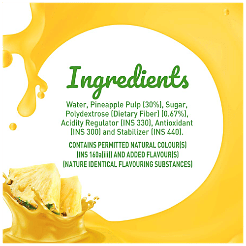B Natural Pineapple Juice - Rich In Fibre, Vitamin C & E, Fruit Pulp & 0% Concentrate, 1 L Carton Zero Fat
