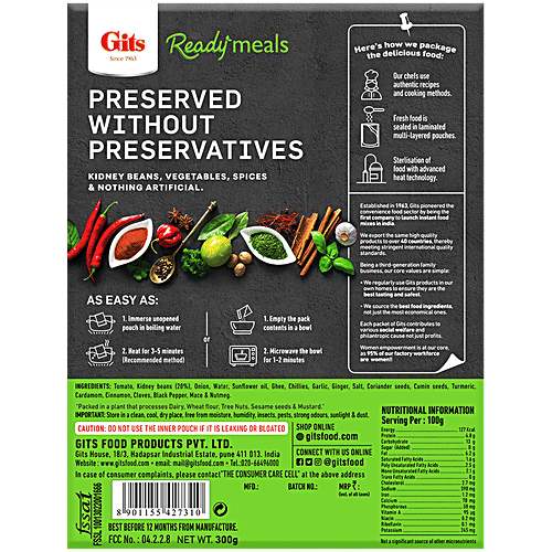 Gits Ready To Eat - Rajma Masala, 300 g Carton No Preservatives & No Added Colour and Flavours