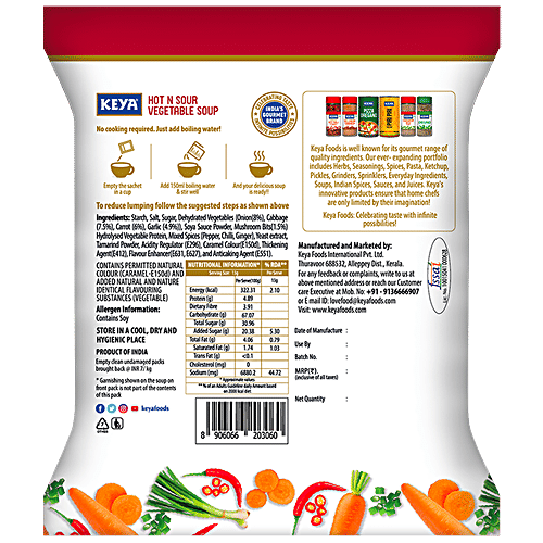 Keya Instant Cup-A-Soup - Hot & Sour Vegetable, 12 g Pouch No Cholesterol