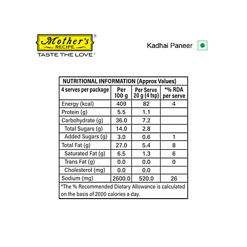 Mother's Recipe Kadhai Paneer Mix, 80 g Pouch No MSG, Preservatives & Artificial Colours