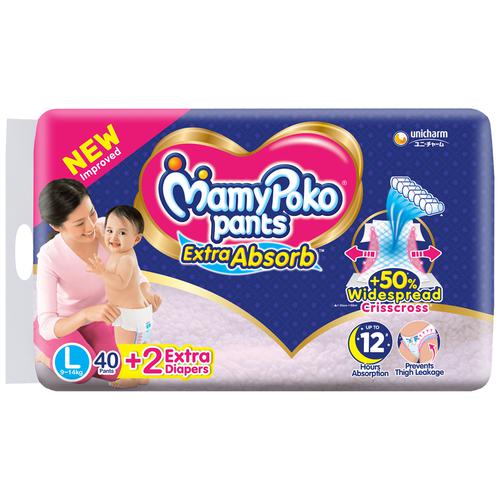Mamypoko Pant Style Diapers - Extra Absorbent, Prevents Leakage, Large, 40 pcs Pouch 