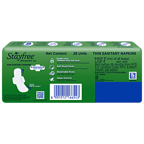 STAYFREE Sanitary Pads - Advanced Xl Soft Ultra-Thin, with Wings, 28 pcs Odour Control, Soft Touch Cover