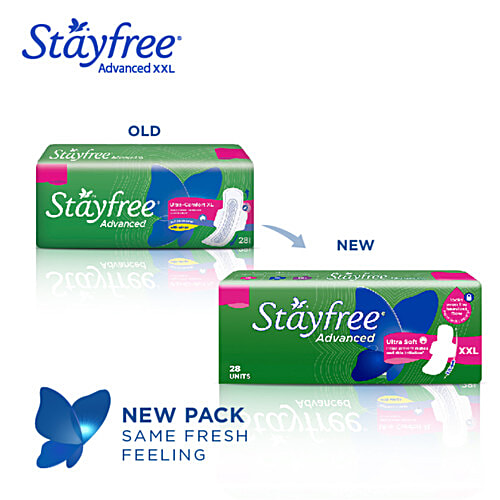 STAYFREE Sanitary Pads - Advanced Xl Soft Ultra-Thin, with Wings, 28 pcs Odour Control, Soft Touch Cover