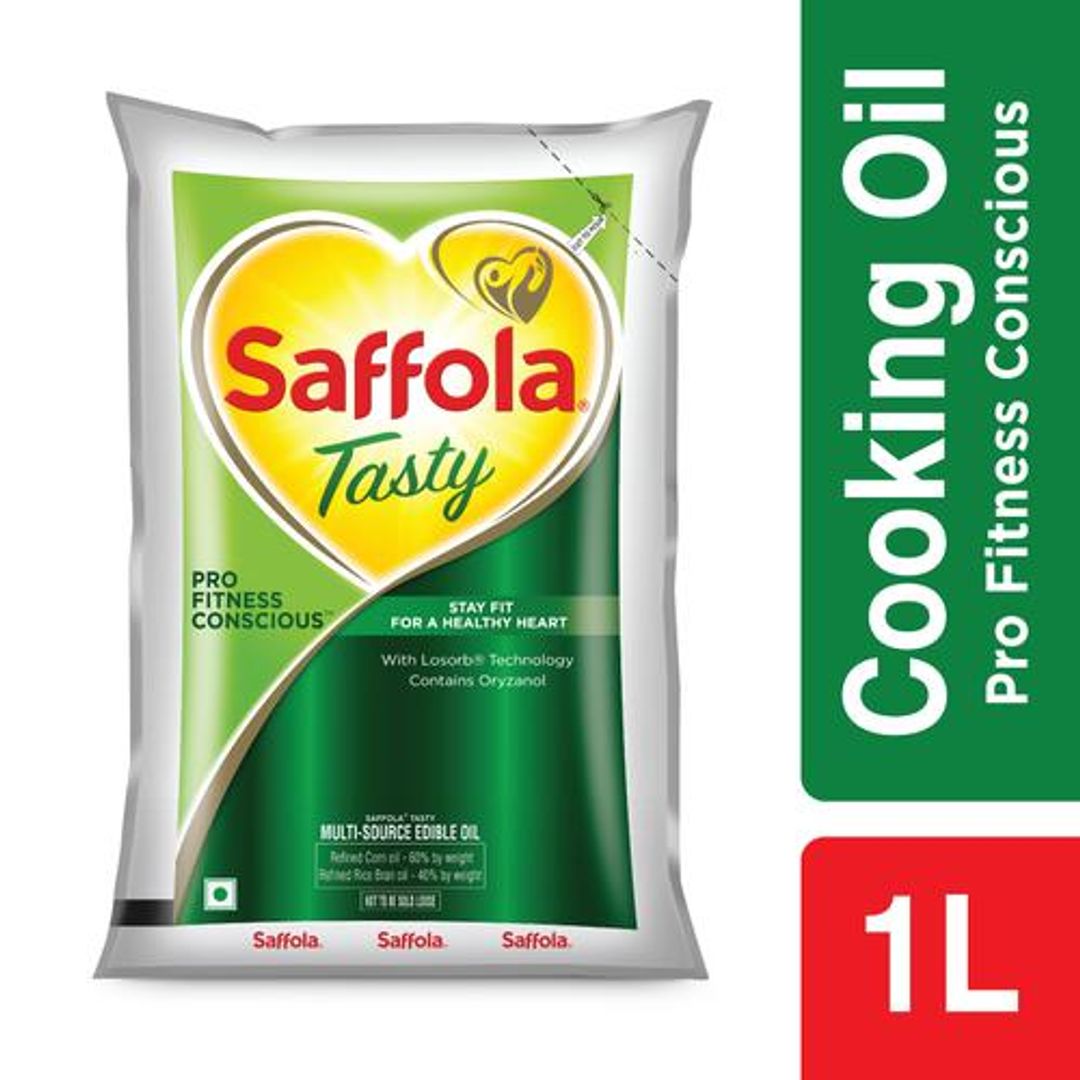 Saffola Tasty Refined Cooking oil | Blended Rice bran & Corn oil | Pro Fitness Conscious, 1 L Pouch