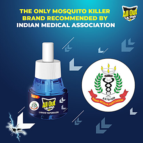 All Out Ultra Liquid Vaporizer Mosquito Repellent Refill - Kills Dengue, Malaria, & Chikungunya Mosquitoes, 45 ml  Kills Dengue, Malaria, Chikungunya
 Recommended by Indian Medical Association