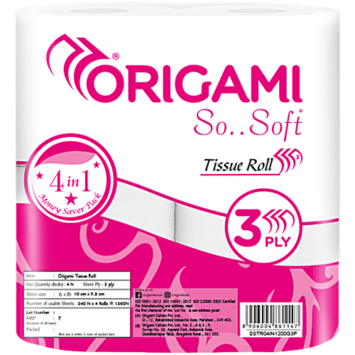 Origami 3 Ply Toilet Tissue Paper Roll, 1 pc (4 x 240 Pulls) 4 In 1, Virgin Fibre, Eco-Friendly, Disposable, Virgin Fibre, No Clog, Dispenser Friendly