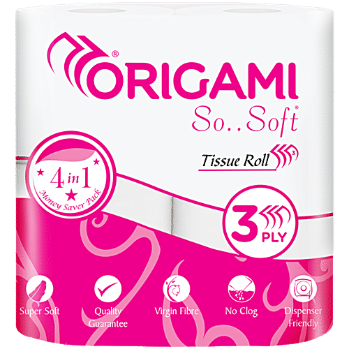 Origami 3 Ply Toilet Tissue Paper Roll, 1 pc (4 x 240 Pulls) 4 In 1, Virgin Fibre, Eco-Friendly, Disposable, Virgin Fibre, No Clog, Dispenser Friendly