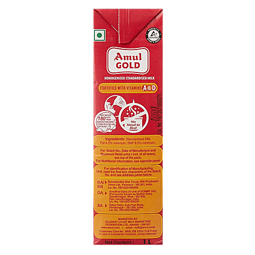 Amul Gold Homogenised Standardised Milk, 1 L Carton 
