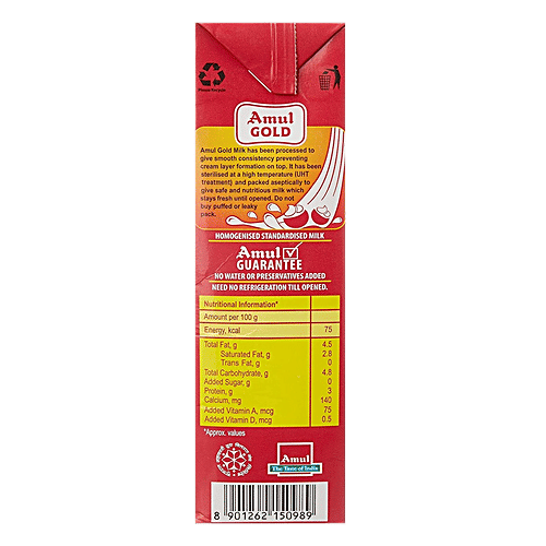 Amul Gold Homogenised Standardised Milk, 1 L Carton 