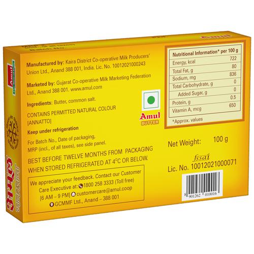 Amul Pasteurised Butter, 100 g Carton Zero Added Sugar