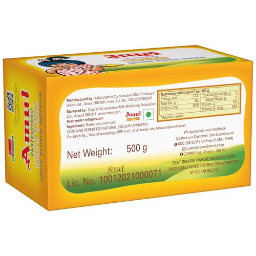 Amul Pasteurised Butter, 500 g Carton Zero Trans Fat, Zero Added Sugar