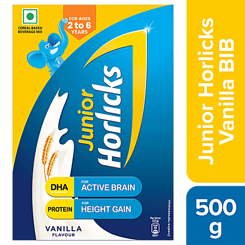 Junior Horlicks Nutrition Drink - Vanilla Flavour, 2 To 6 Y, 500 g Carton For Immunity, Nutrients For Brain Development, , Nutrition for Toddlers & Young Kids For Supporting Growth