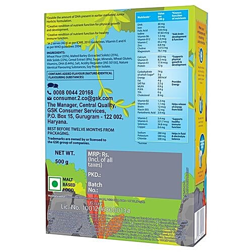 Horlicks Junior Nutrition Drink - Original Flavour, Stage 2, 4-6 Years, 500 g Carton With DHA & Nutrients, For Brain Development